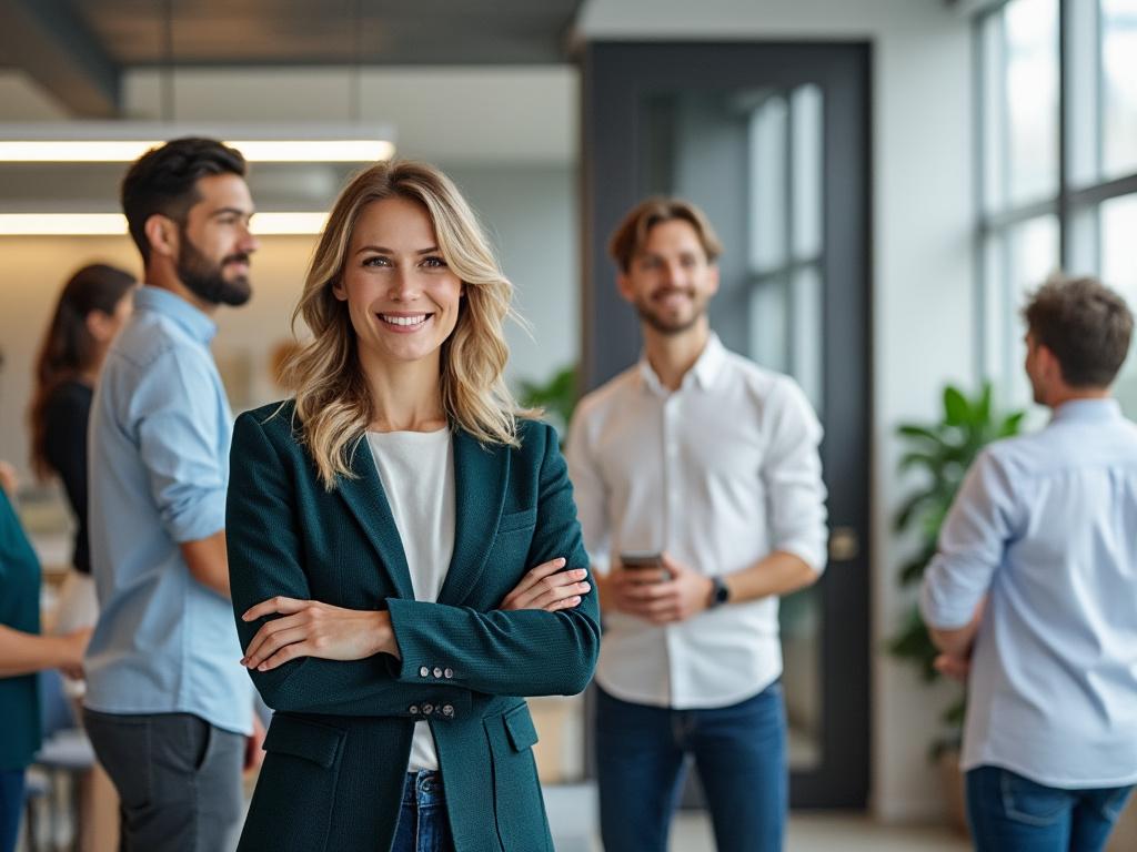 Confident businesswoman in a suit smiling in a modern office with colleagues in the background.