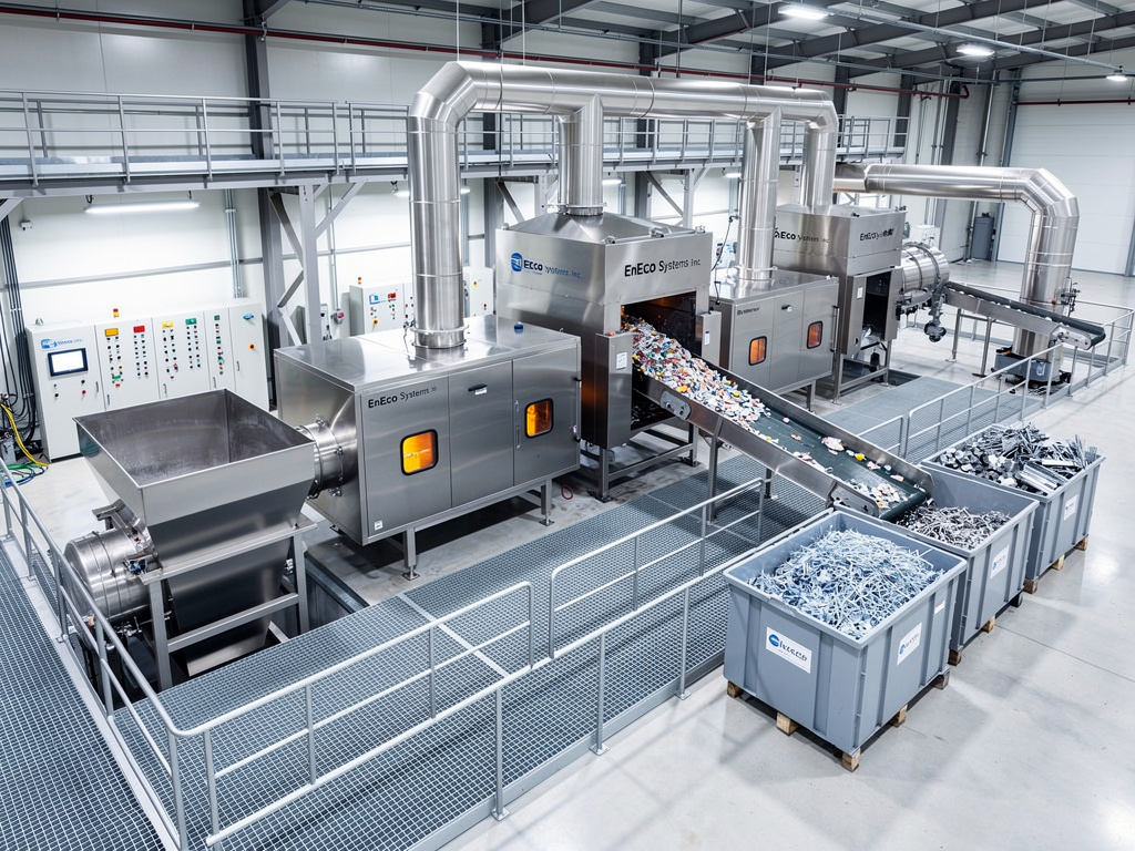 Industrial recycling facility with conveyor belt feeding mixed waste into metal processing machinery and collection bins