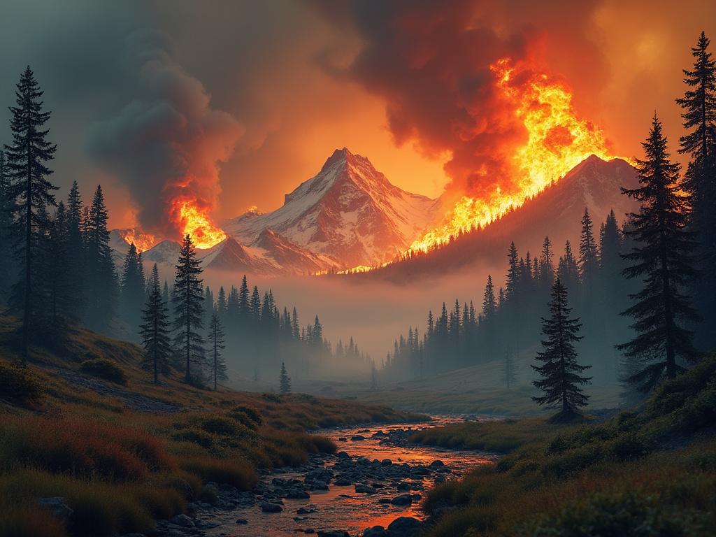 Dramatic wildfire engulfing a mountain range under a fiery sky, with smoke billowing amidst dense forest and a river in the foreground.