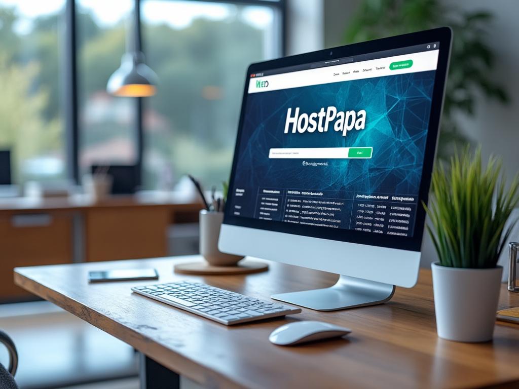 Modern office workspace featuring a desktop computer displaying HostPapa website, with a keyboard and plant on the desk.