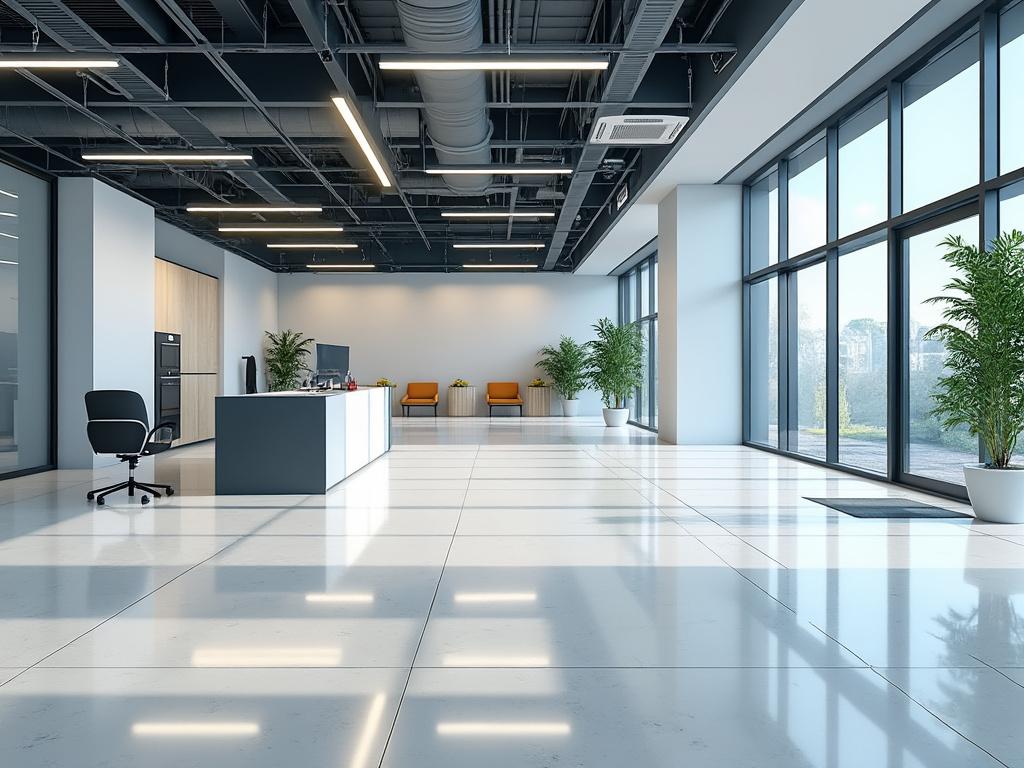 Modern open office space with large windows, natural light, sleek furniture, and potted plants.