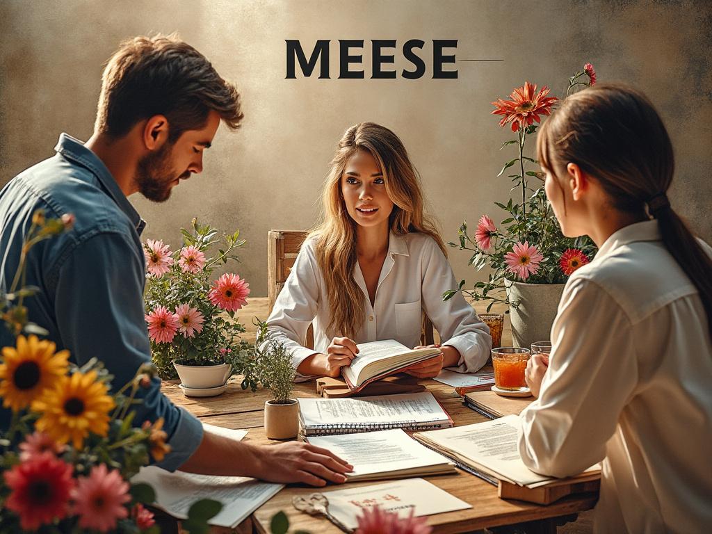 Trois personnes discutent autour d'une table avec des fleurs, des documents et des boissons, sous un éclairage chaleureux.
