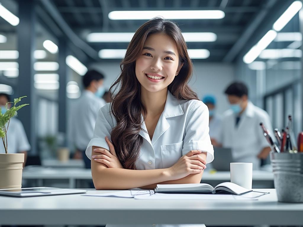 Smiling woman in a laboratory coat sitting at a desk with a notebook, surrounded by colleagues in a modern office setting.