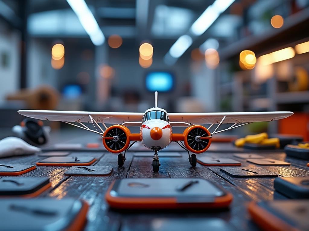 Close-up view of a vintage model airplane with orange and white detailing on a wooden table, surrounded by blurred background featuring workshop tools and lights.