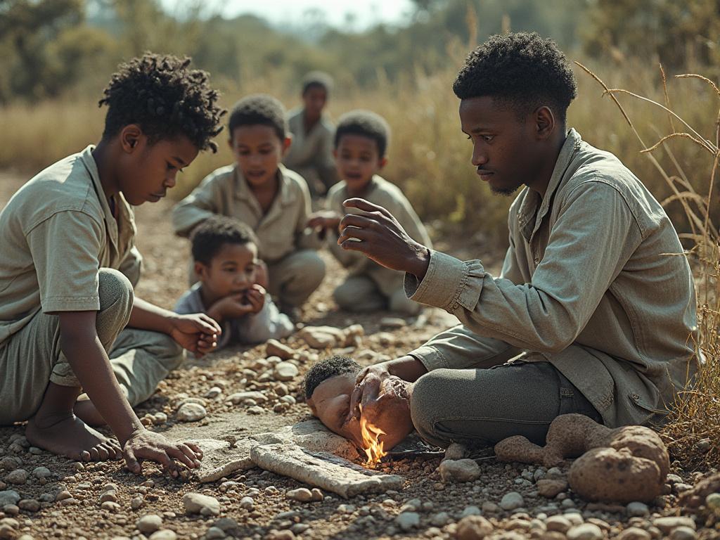 Group of children gathered outdoors, focusing on a small fire, surrounded by rocks and grass.