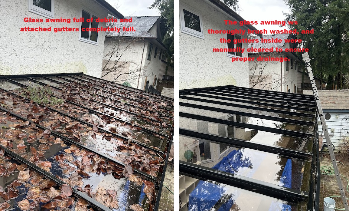 Glass awning brush washed and gutters manually cleared of debris.