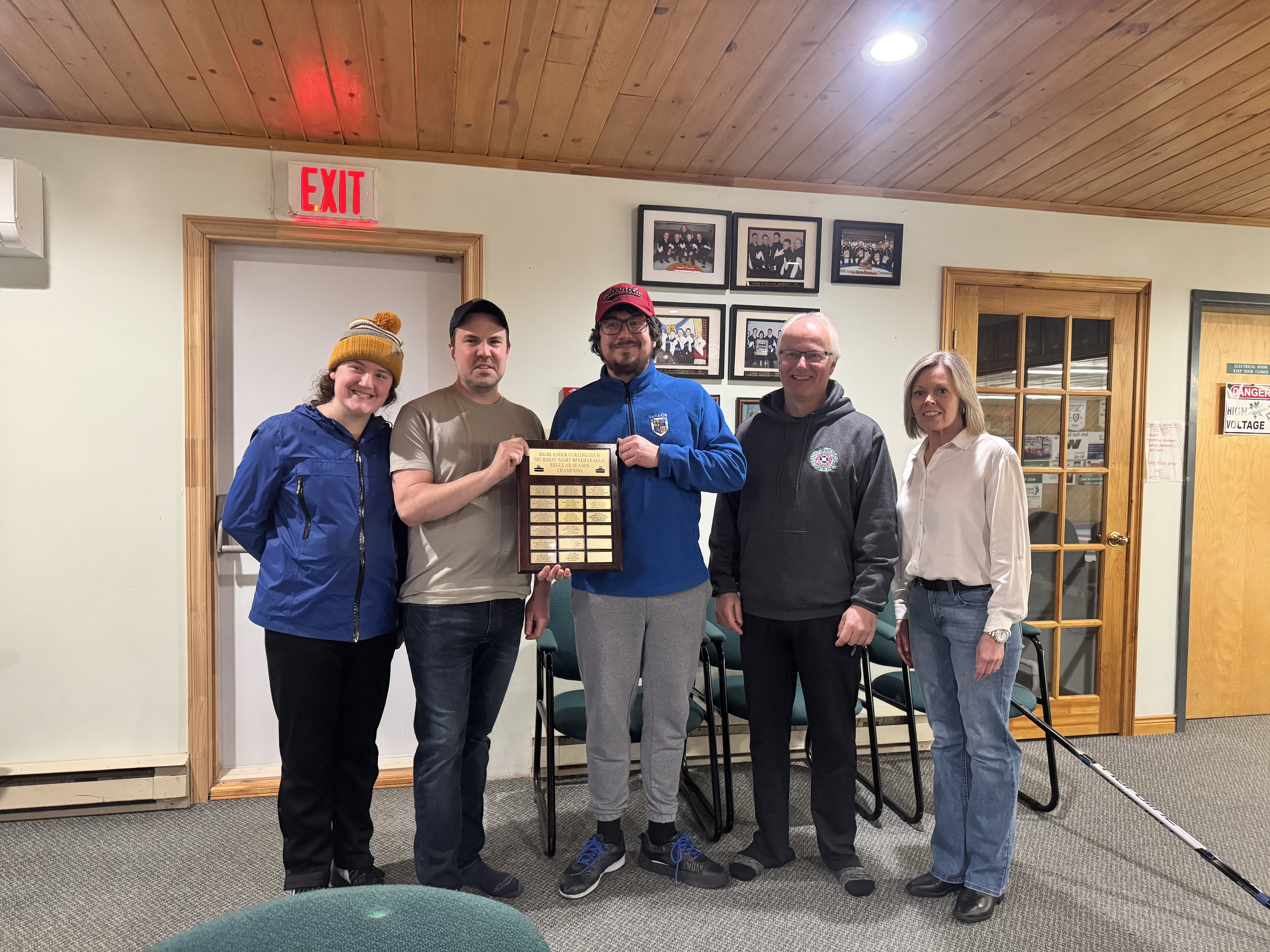 Regular Season Champions L-R: Maeve Ward (lead), Teddy Stalker (mate), Jean-Alexis Delamer (second) and Doug Campbell (skip). Presented by Rosalie MacGillivray - last year's recipient