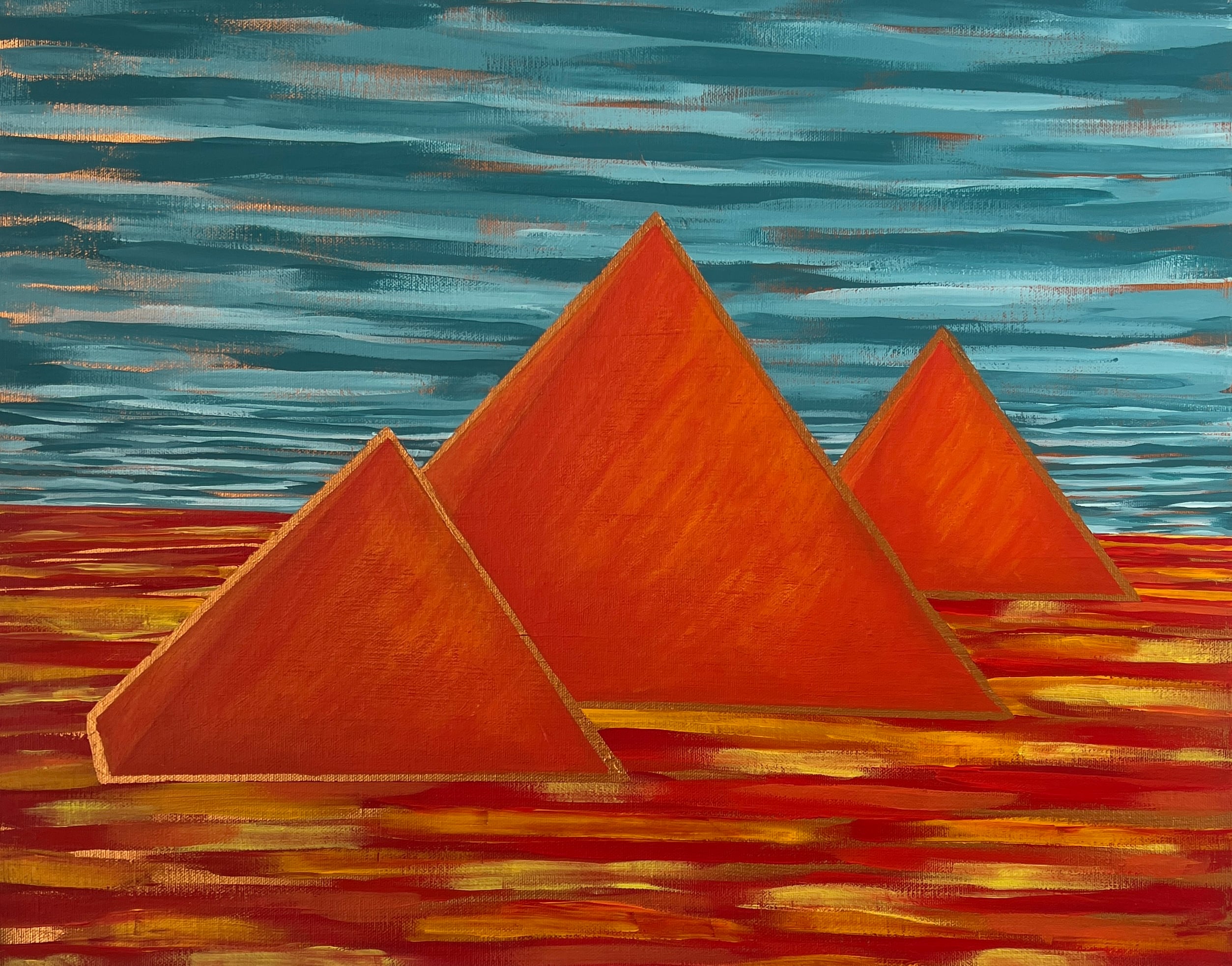 Bright living room with large abstract painting on wall, comfortable beige sofa, round wooden coffee table, and lush green plants.