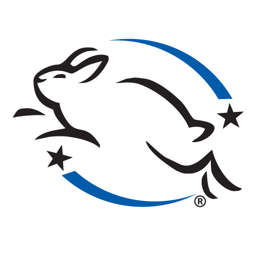 Leaping Bunny Logo. A black outline of a bunny jumping around blue shooting stars.