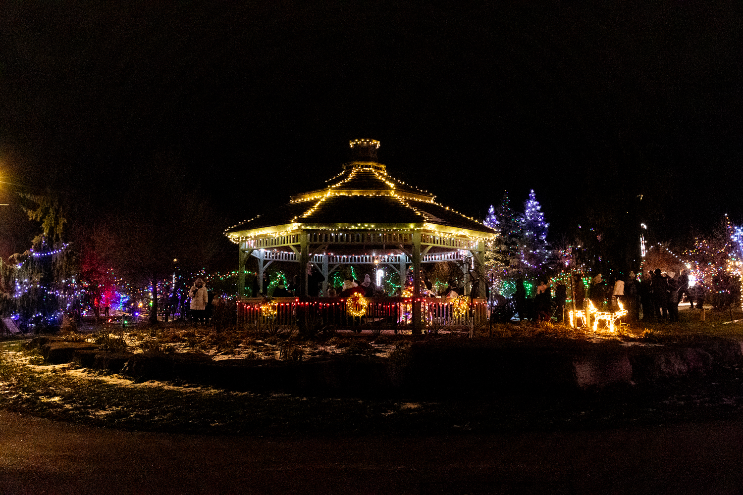 Vibrant Christmas tree and festive lights display in a snowy park, with people walking around at night.