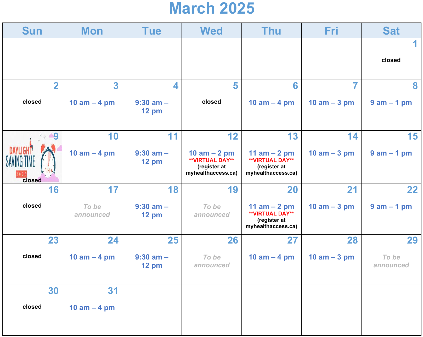 Clinic hours for this month