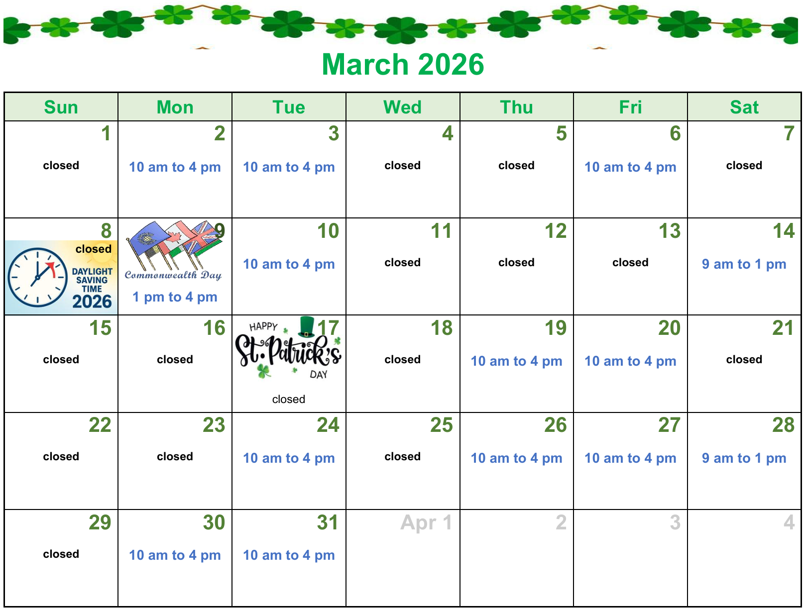 Clinic hours for this month