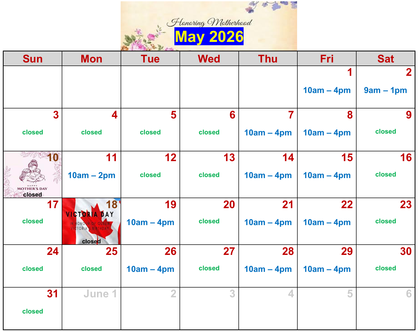 Clinic hours for this month