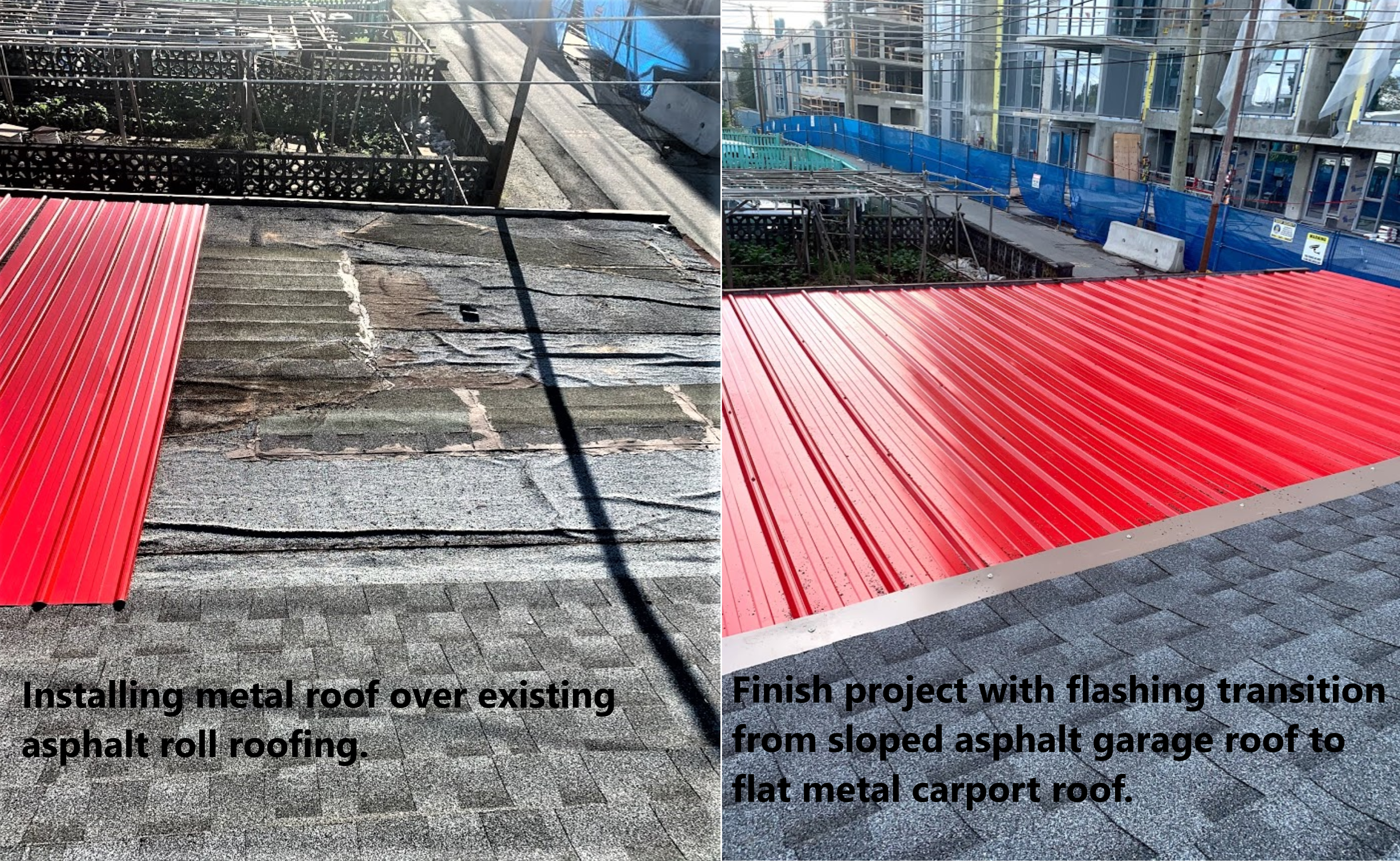 New metal roof installed over existing asphalt roll shingle flat carport roof.