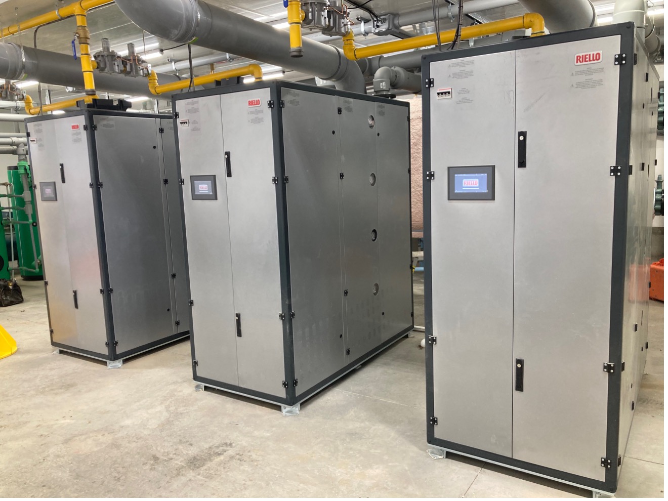 Riello Array 3x AR-4000 boilers,
District Heating Plant Alberta, CA. 
120:1 Modulating Turndown