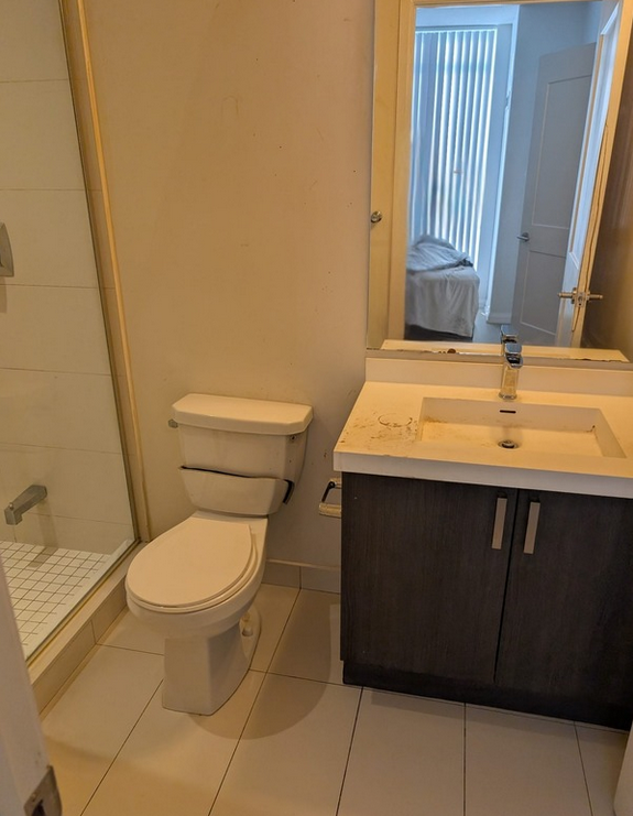 Bathroom restored following neglected property recovery with buildup removed and the environment returned to improved functional condition