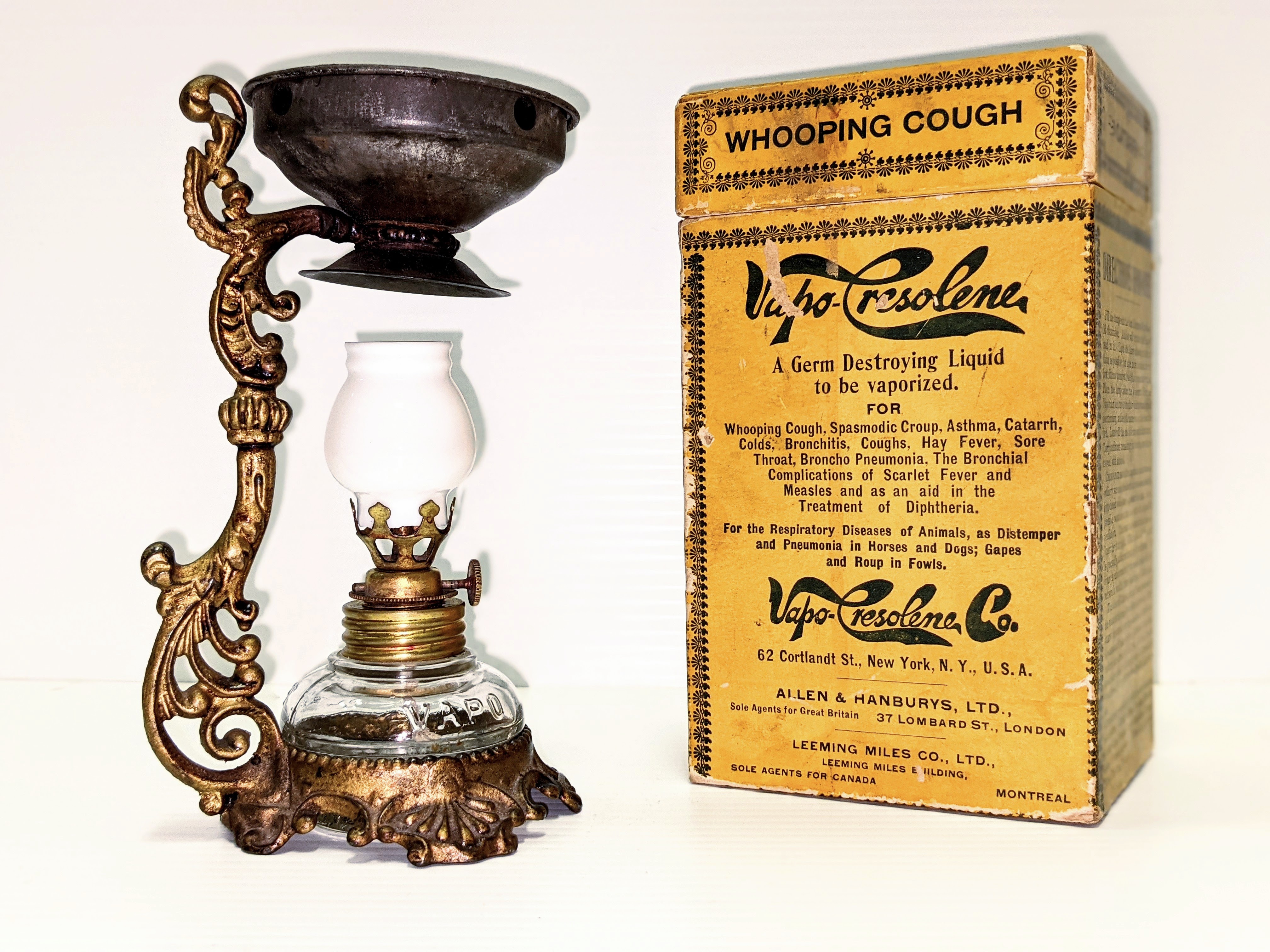 Jack Whitehouse gifted this Vapo-Cresolene Lamp to Magdaline (Smith) Lapp in 1921. The lamp was used to keep the family healthy while living in Hay lakes and Fort Vermilion. The small kerosene lamp at the base would heat the "Germ destroying liquid" Cresolene placed in the dish above. Used to treat causes such as Diptheria, Scarlett Fever, Asthma, Whooping Cough and a host of others - it is also noted as effective treatment for respiratory diseases of animals.

29/03/2021
2020.87.1-3 / Ward, Mina

