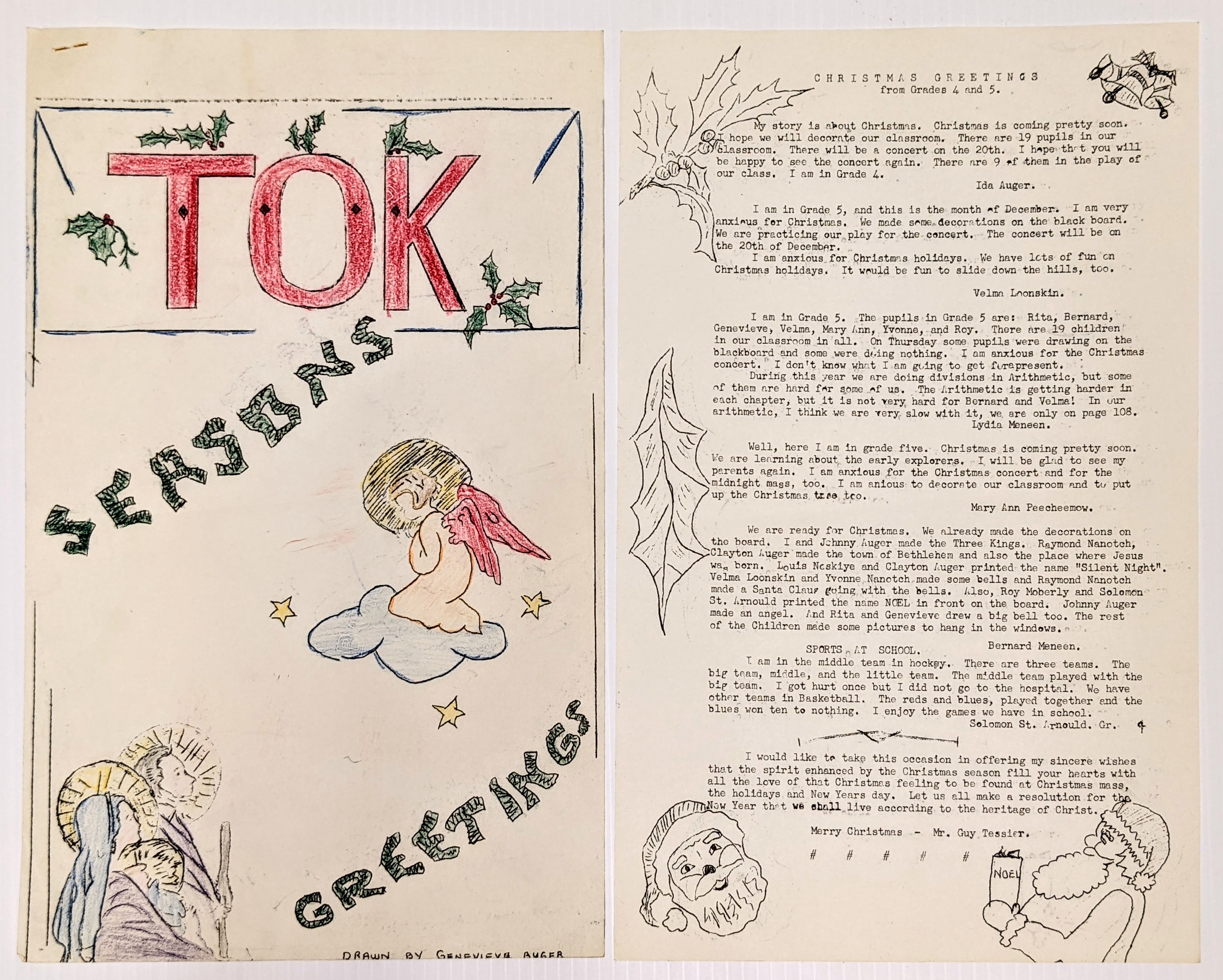 These two pages are original copies of the St Henri School Christmas Newsletter known as "TOK". This is the first edition and is dated December 1961. The newsletter contains all kinds of interesting details including interviews with various community members, Christmas wishes of various students, and pupils interpretation of the Christmas Story. If your interested in this news letter and want more information - stop by for a visit we have a copy you can flip through!
 If you know what the title "TOK" means - we would also love to know!
PS. If you read the greetings you will learn that on this day 60 years ago
these students were performing in their school Christmas Concert!
20/12/2021
998.01.47.01 / Newman, Jack and Pearl
