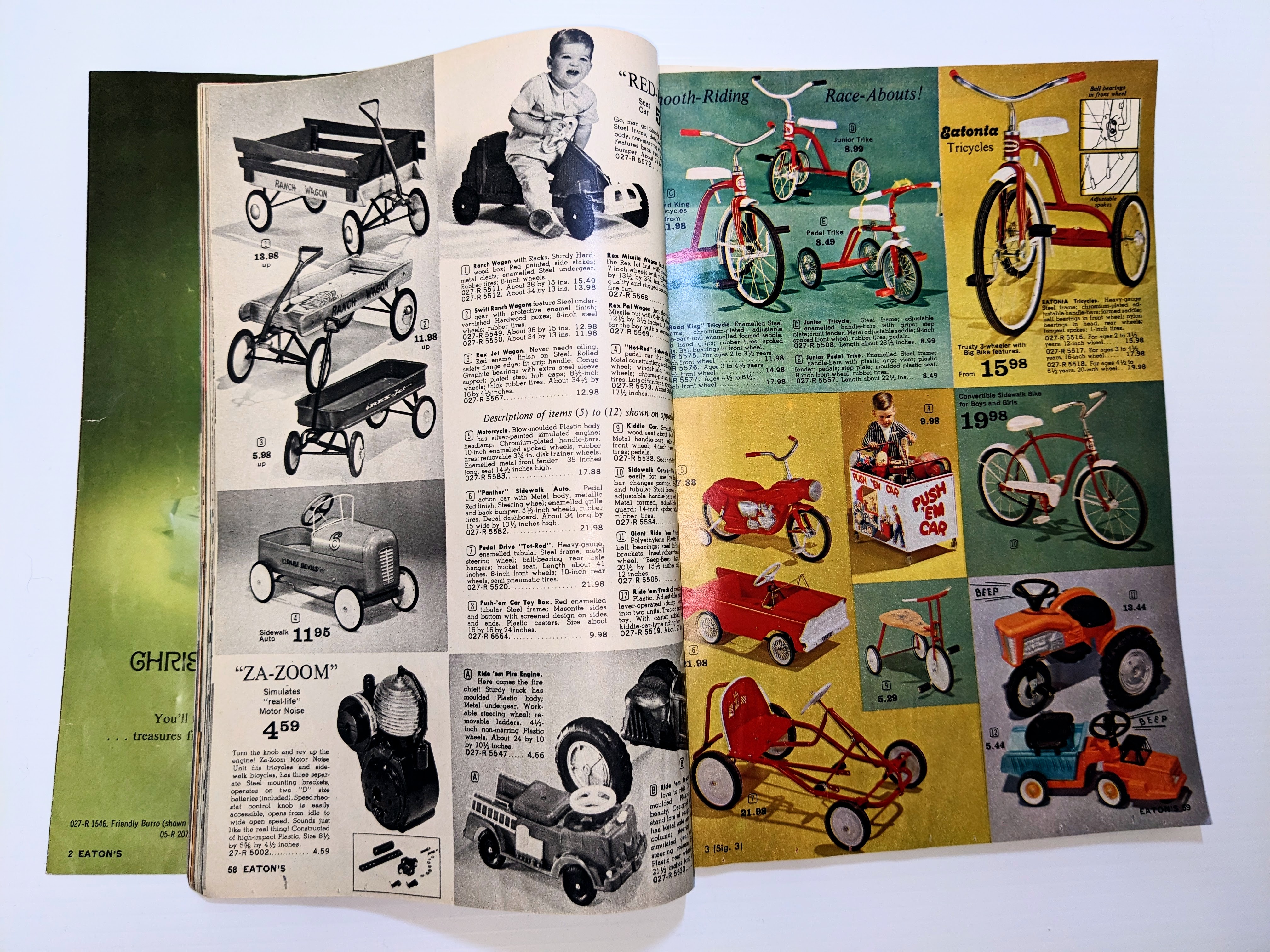 This is the Eatons Christmas Catalogue from 1964. Though this page only shows bicycles and the like, the catalogue contains anything from food and chocolates to chainsaws, furniture, clothing and jewelry. Such catalogues were integral to Christmas shopping as many of these items could not be purchased locally. Often when the season passed - such catalogues met their demise in "the little shack out back".
2020.06.14 / Smith, Louise
19/12/2022
