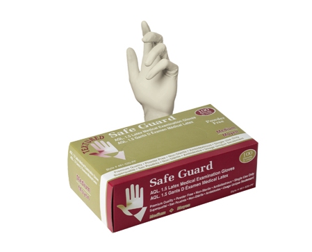 SAFE GUARD EXAM LATEX GLOVES – MEDICAL GRADE
100% natural latex exam glove with rolled cuff
Powder-free, ambidextrous, single use, non-sterile
available in sizes: XS, S, M, L, XL. 
100 per box