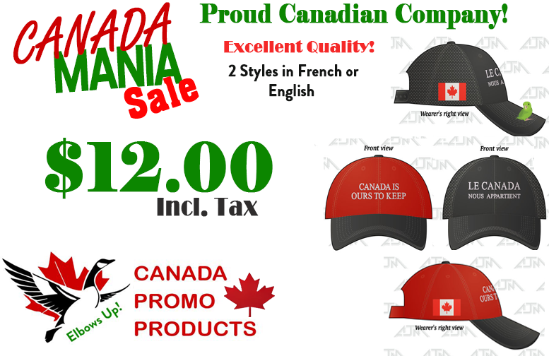 Promotional image for Canada Mania Sale featuring $12.00 hats with Canadian flag designs, available in English and French.