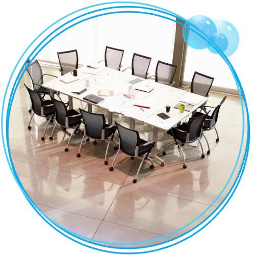 Overhead view of a conference space.