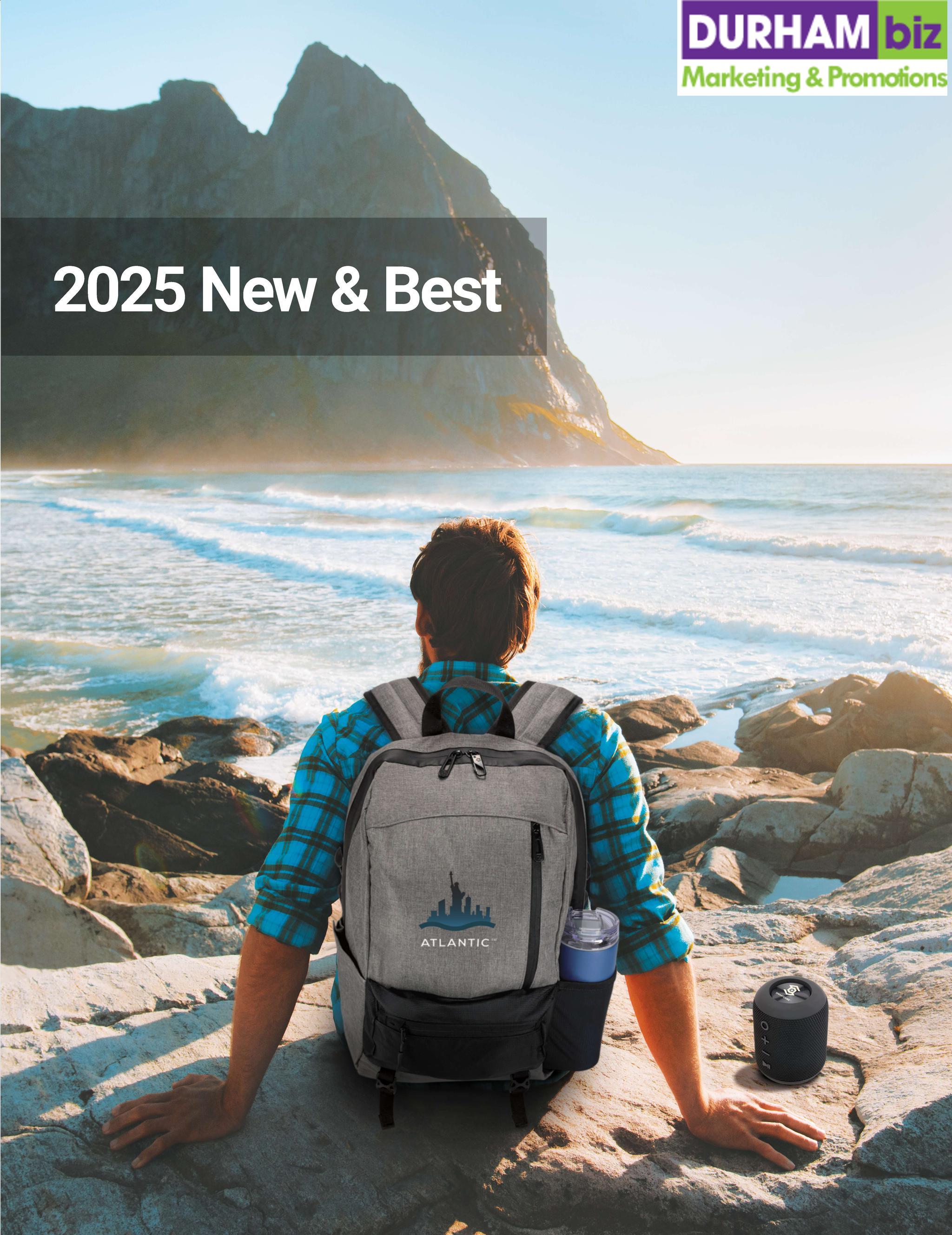 Man sitting on rocks by the ocean with a backpack and speaker, mountain and sunset in the background, text '2025 New & Best' with Durham Biz logo.