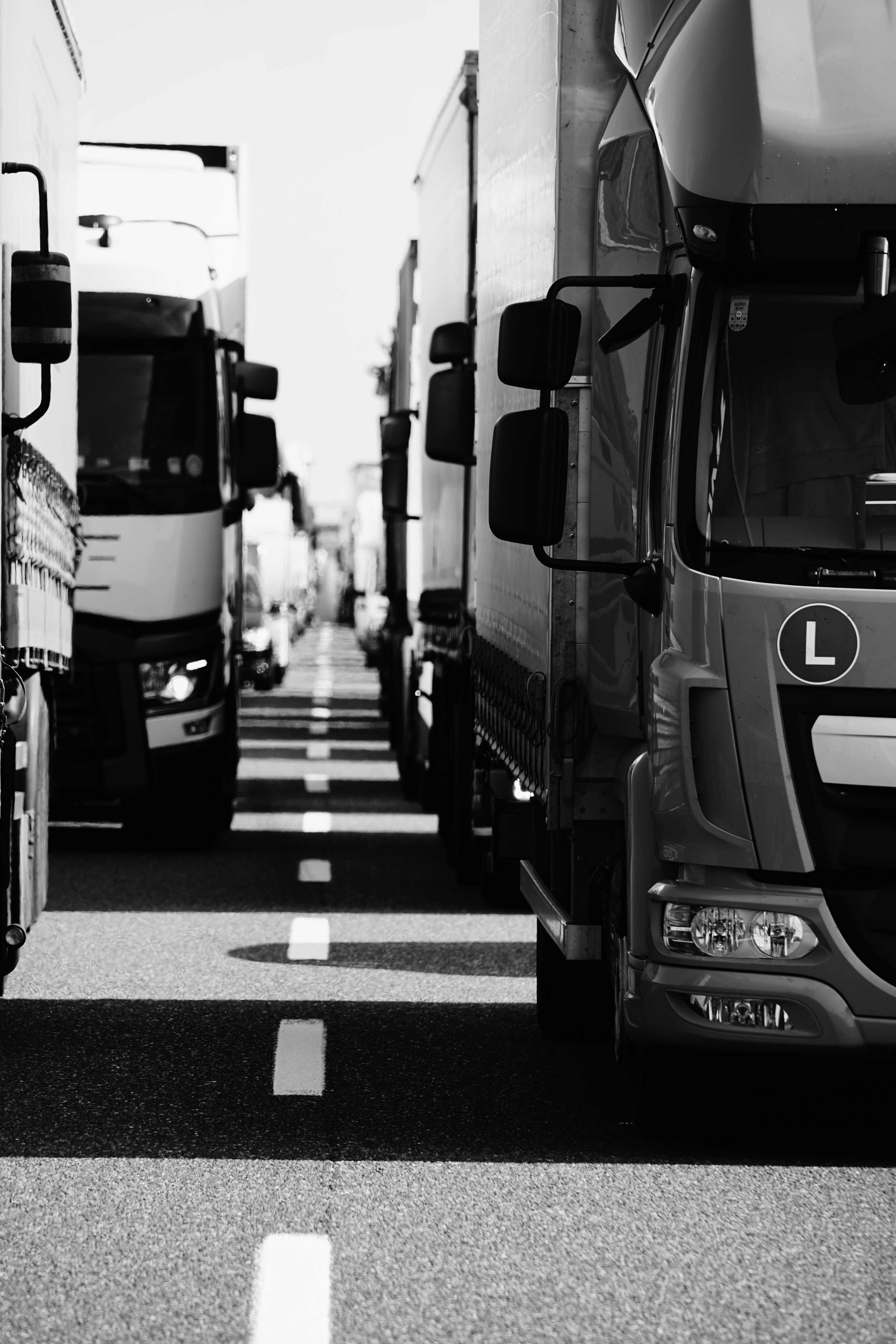 Black and white image of multiple trucks lined up on a highway, viewed from the front with clear road markings.