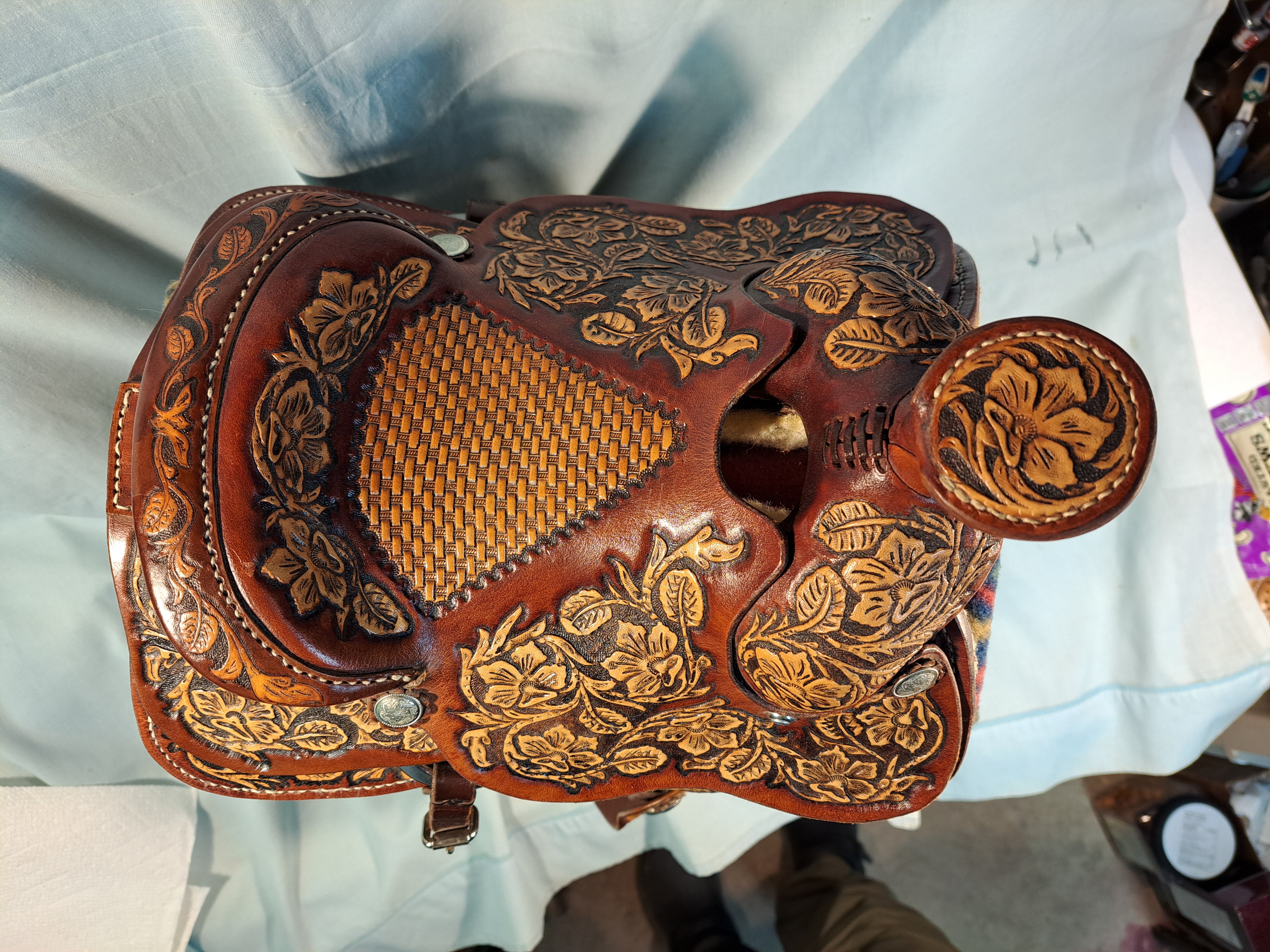 Top view of a custom leather saddle
