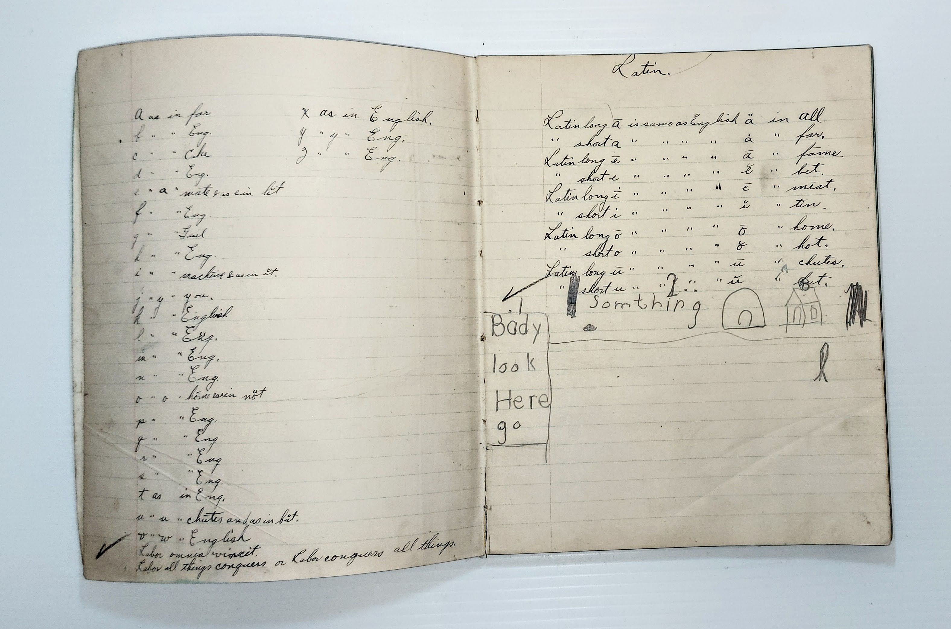This "Exercise Book" belonged to Walter Letts and contains his homework and writing as he learned latin! Walter came to Fort Vermilion in 1921 with parents Paulina and William Letts and stepbrothers. Walter's interest was piqued by school and this exercise book is evidence of that - detailed lessons in pen with little crossed out. He later became a teacher and helped to establish the first public school in Fort Vermilion. Walter was a committed volunteer of the community and served many years on the Board of trade. The additional drawings (as seen in the picture) likely come from Judy Eek - niece to Walter and Florence.
996.40.99 / Eek, Marilyn