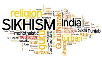 Sikhism word cloud featuring India, Punjab, Guru, Khanda, Sikh, meditation, and religious terms