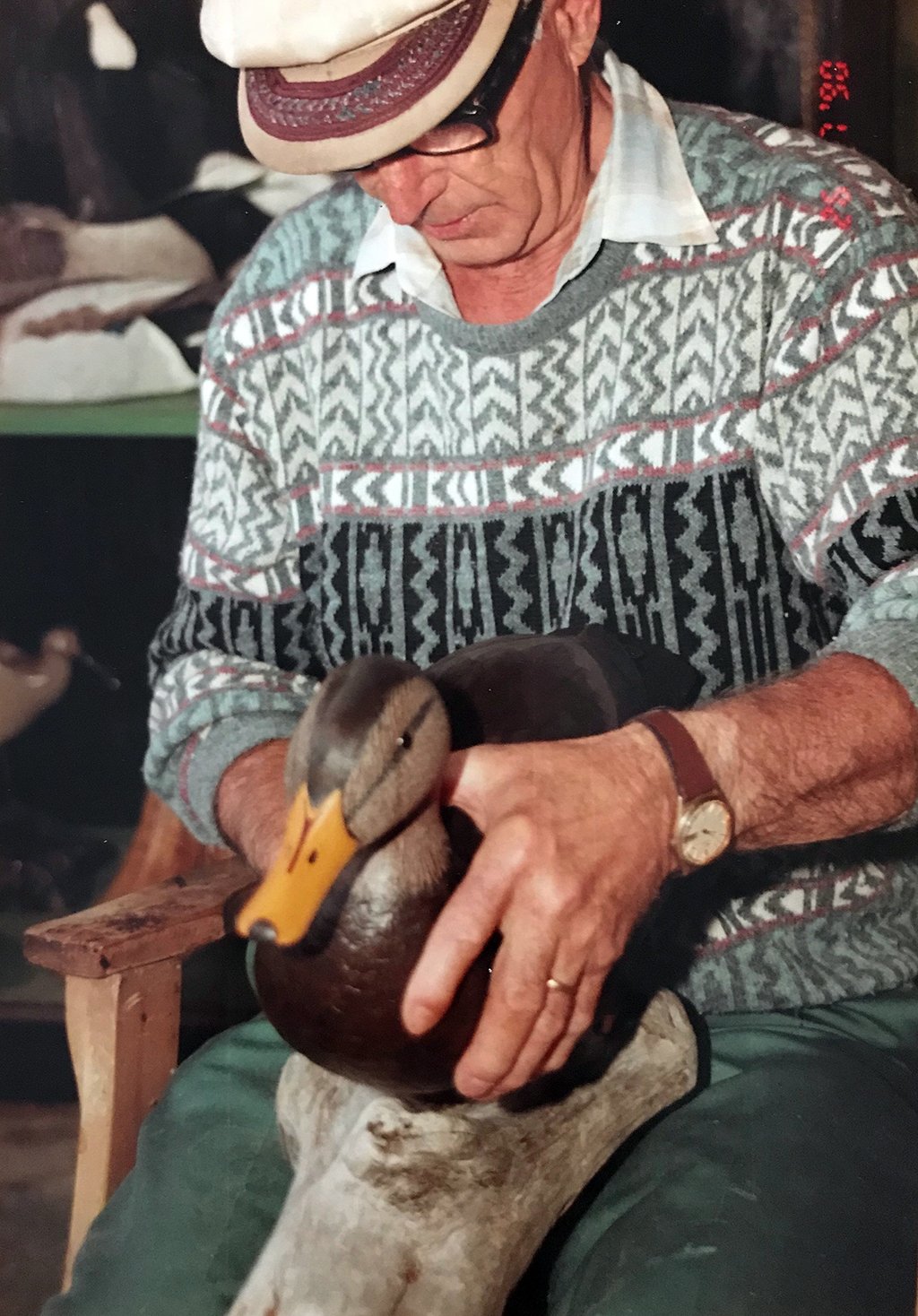 Lincoln Harvey carving a duck decoy c. 1980