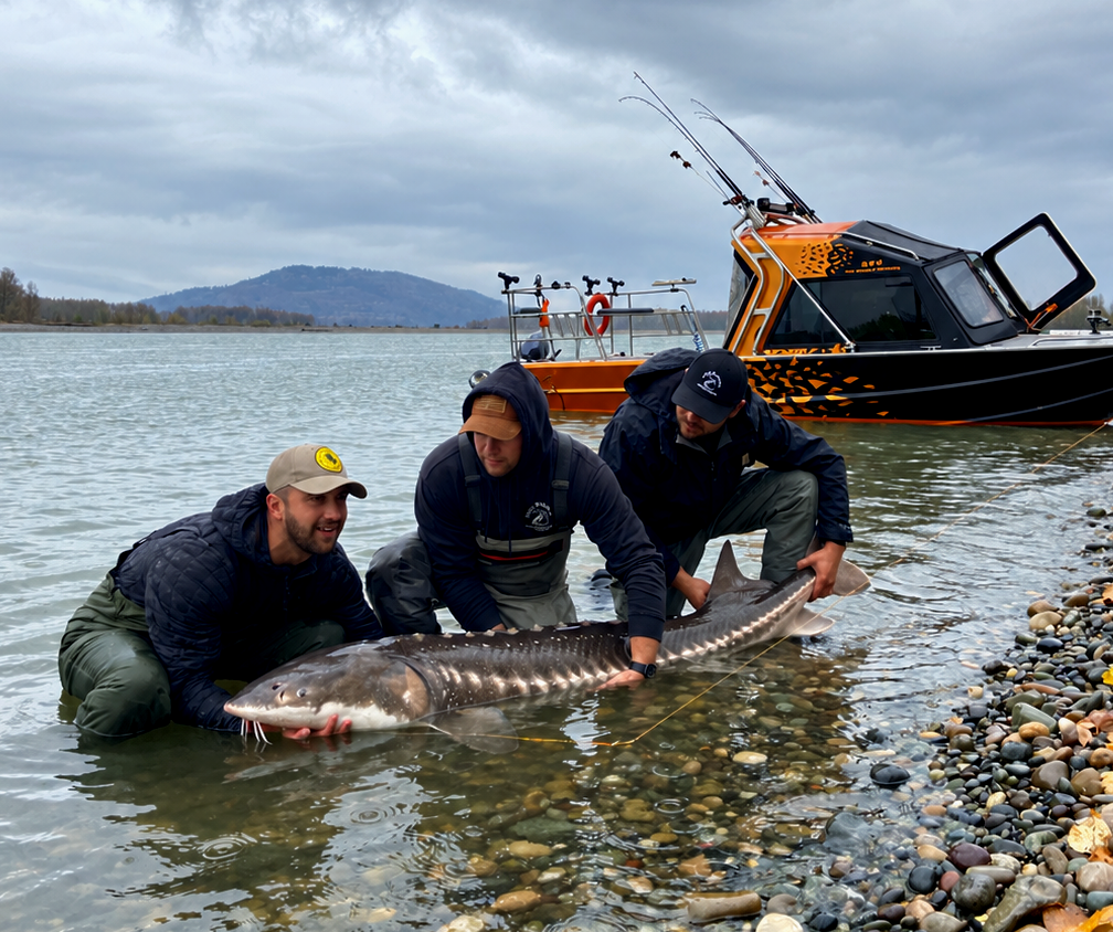 Family on guided fishing boat catching giant sturgeon in scenic mountain lake