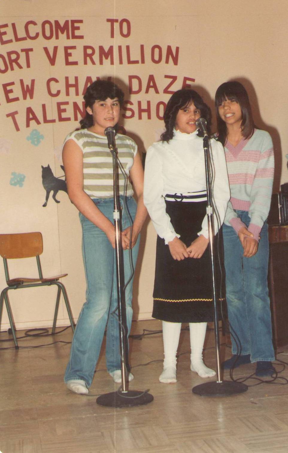 Anyone recognize these three? They are performing at the "Hew Chaw Daze" talent show in 1983.
-Edit-
Thanks to some quick responses on Facebook - we know these ladies to be Cynthia Meneen, Candace Mclean - Noskiye, and Julie Ann Mclean
998.1.60.163 / Newman, Jack + Pearl