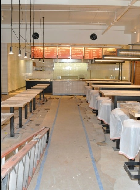 Commercial restaurant interior in active post-renovation condition with protective coverings, equipment, and unfinished recovery preparation