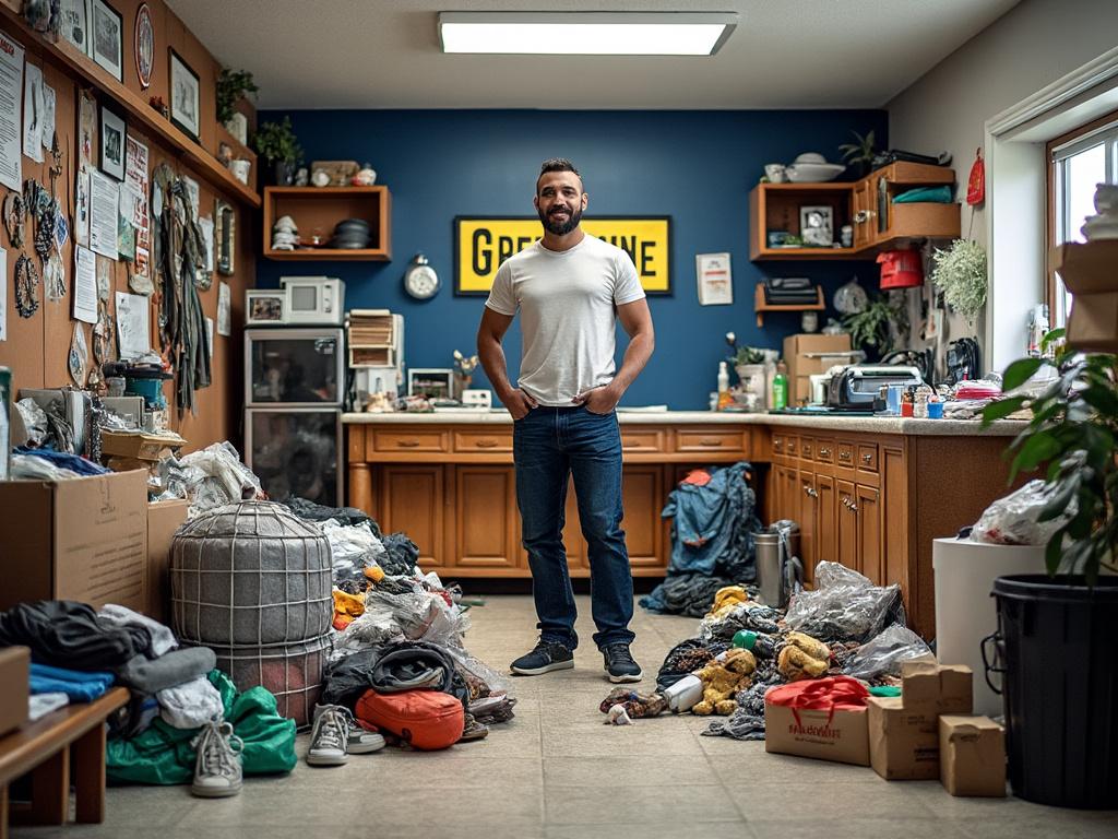 Man standing in a cluttered laundry room with piles of clothes, boxes, and household items.