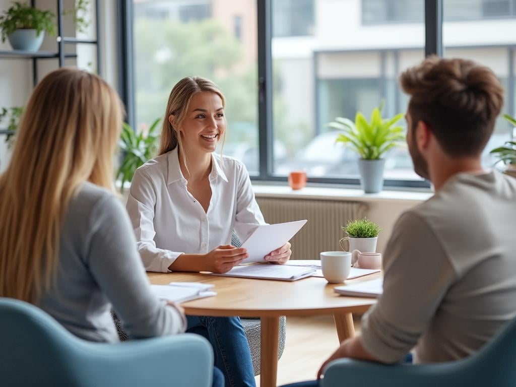 Professional recruiter interviewing a couple in a bright modern office with paperwork