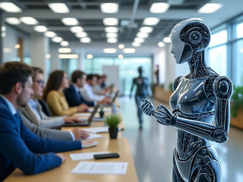 Robot futurista en reunión de negocios con personas, oficina moderna.