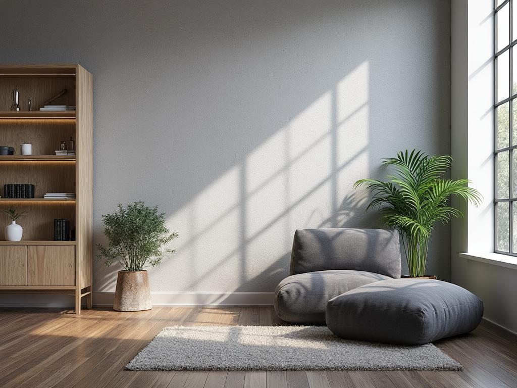 Minimalist living room with natural light, featuring a wooden bookshelf, grey armchair, potted plants, and soft rug.