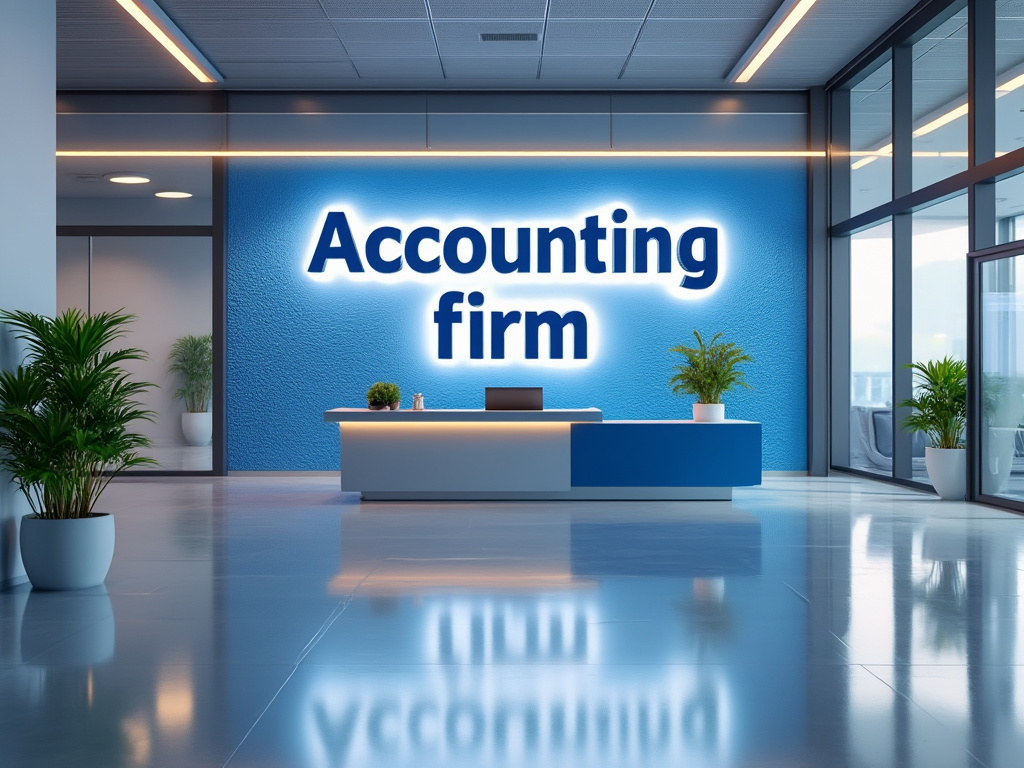 Modern accounting firm reception lobby with illuminated sign, front desk, glass walls, and indoor plants Modern accounting firm reception lobby with illuminated sign, front desk, glass walls, and indoor plants