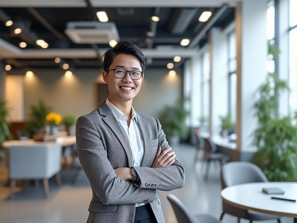 Confident person in business attire standing in a modern office with plants and round tables.