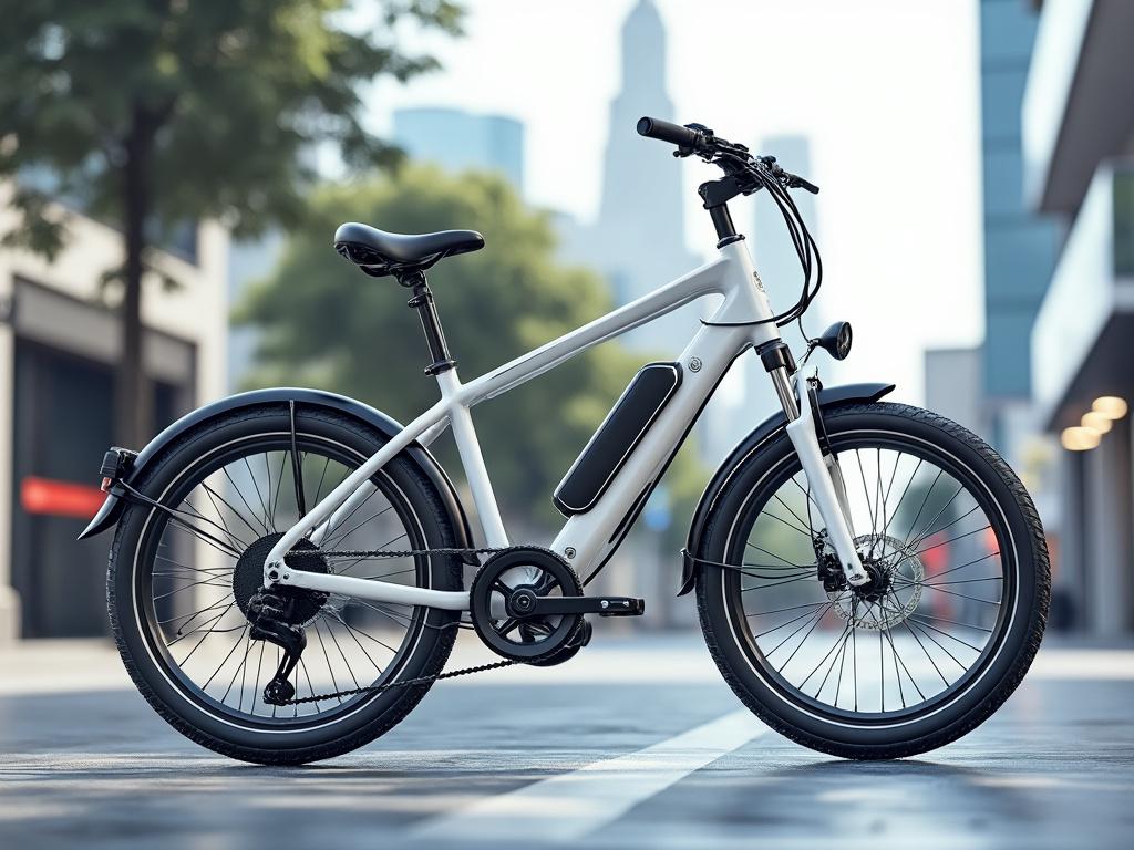 Sleek white electric bike parked on a city street with modern buildings and trees in the background. Sleek white electric bike parked on a city street with modern buildings and trees in the background.