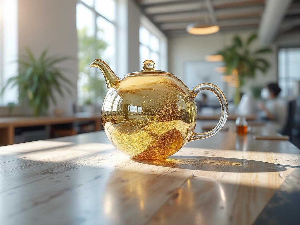 Glass teapot filled with yellow liquid on a sunlit wooden table in a modern kitchen with plants in the background.