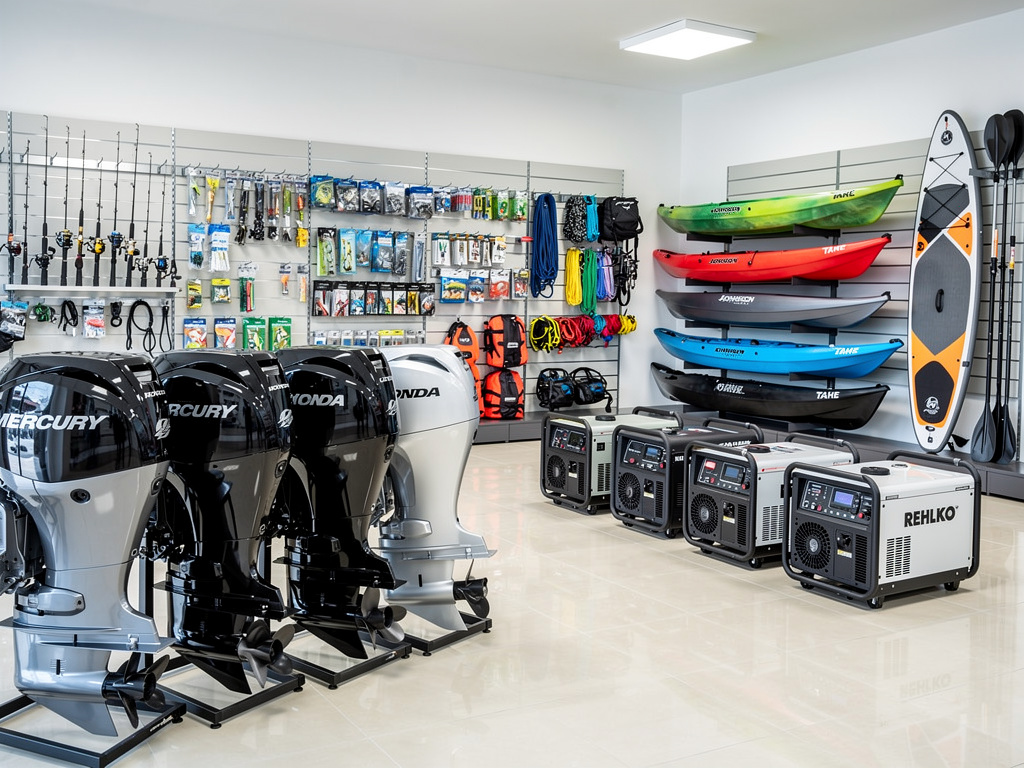 Marine equipment showroom with outboard motors, kayaks, paddleboards, fishing gear, and portable generators