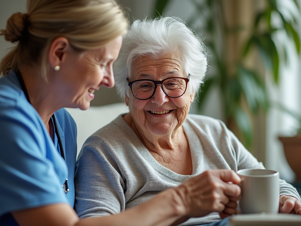 Elderly woman with caregiver enjoying a warm conversation over coffee.