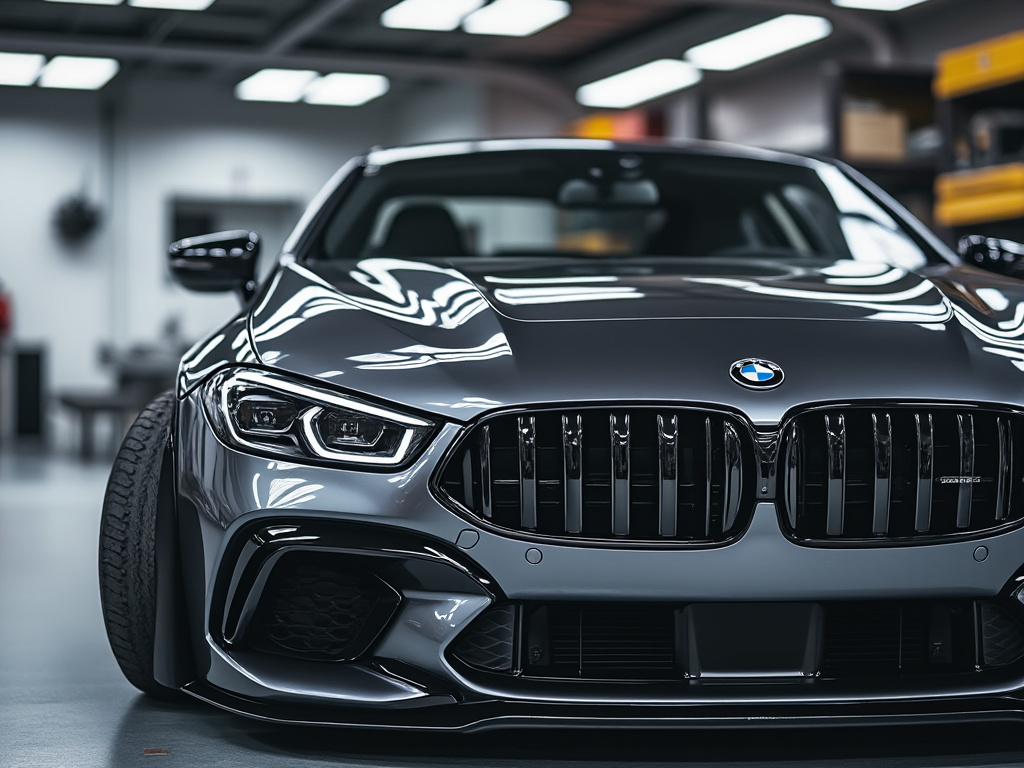 Front view of a sleek, silver BMW car with distinctive grille and headlights in a modern garage setting.