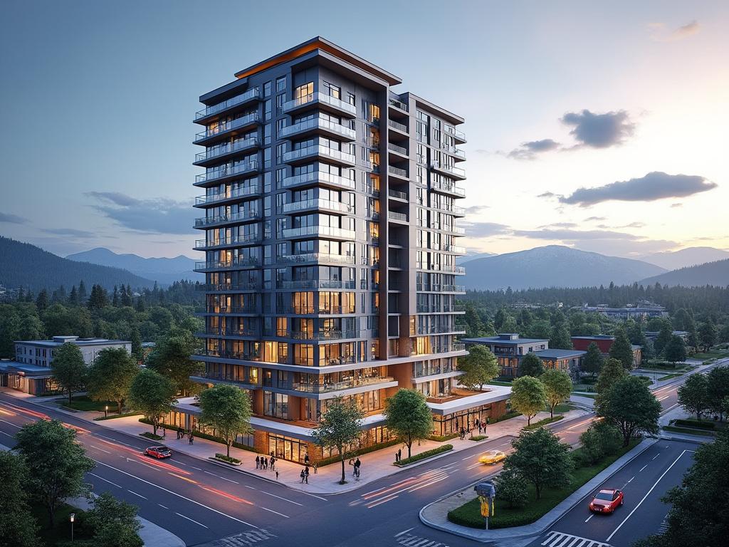 Modern high-rise apartment building at sunset with mountains in the background, surrounded by trees and streets with cars and pedestrians.