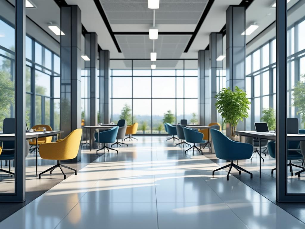 Modern office space with glass walls, colorful chairs, and greenery, featuring bright natural light.