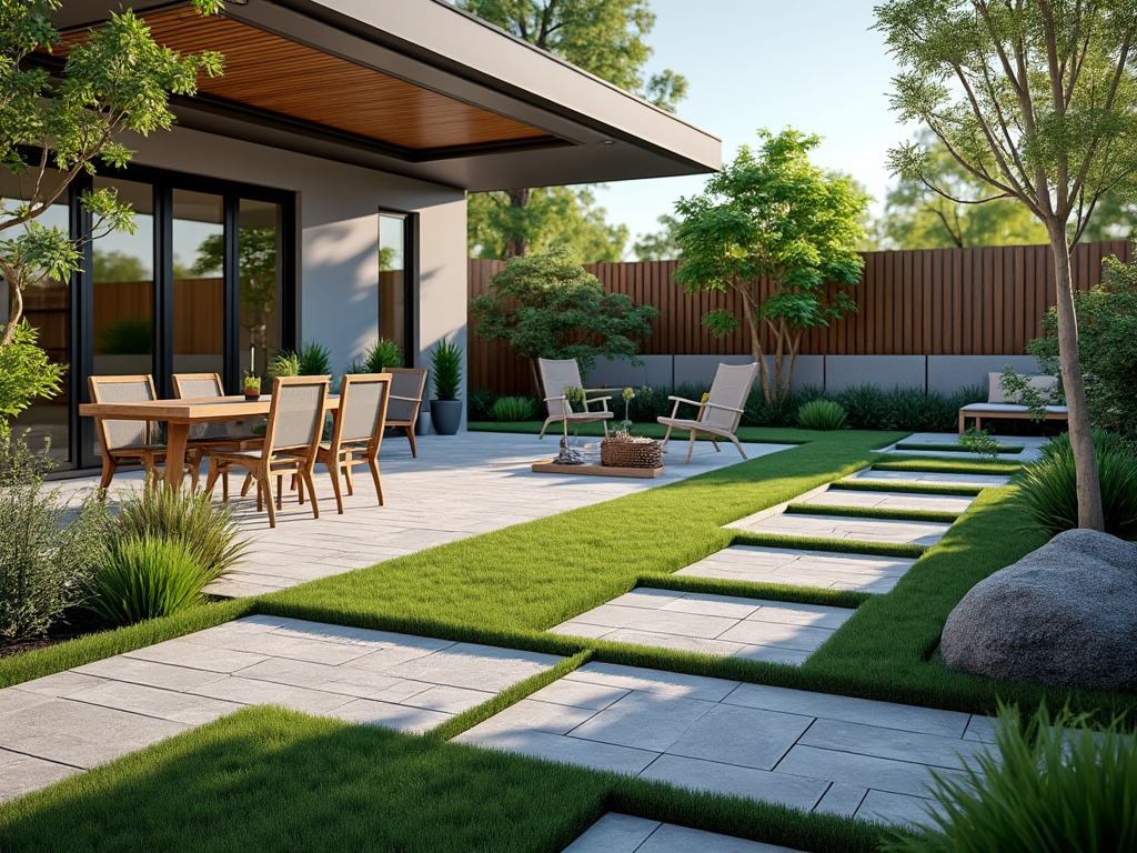 Modern patio with wooden dining furniture, stone pathway, and lush greenery under a minimalistic pergola.