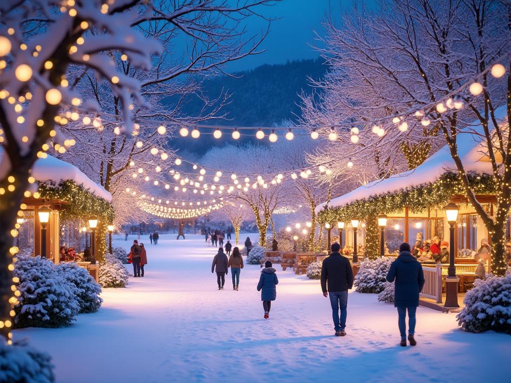 Winter evening scene with snow-covered path, illuminated string lights, people walking, and decorated pavilions.
